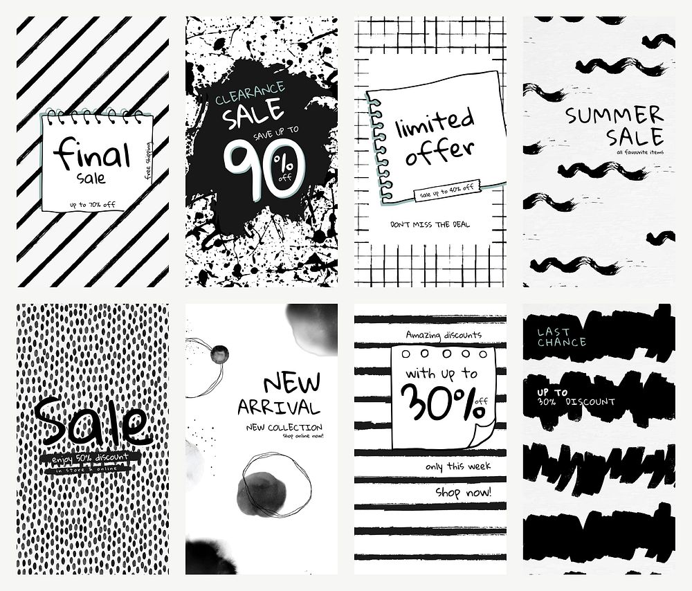 Editable social media story template vector set with ink brush patterns for promotion and new arrival