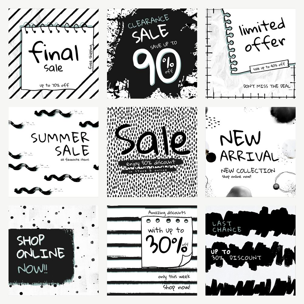 Editable sale template vector with ink brush pattern set
