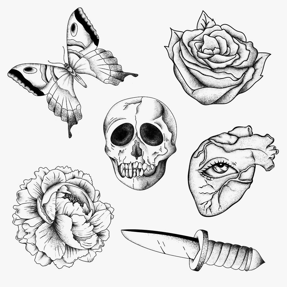 Outline old school flash black and white tattoo design vector set
