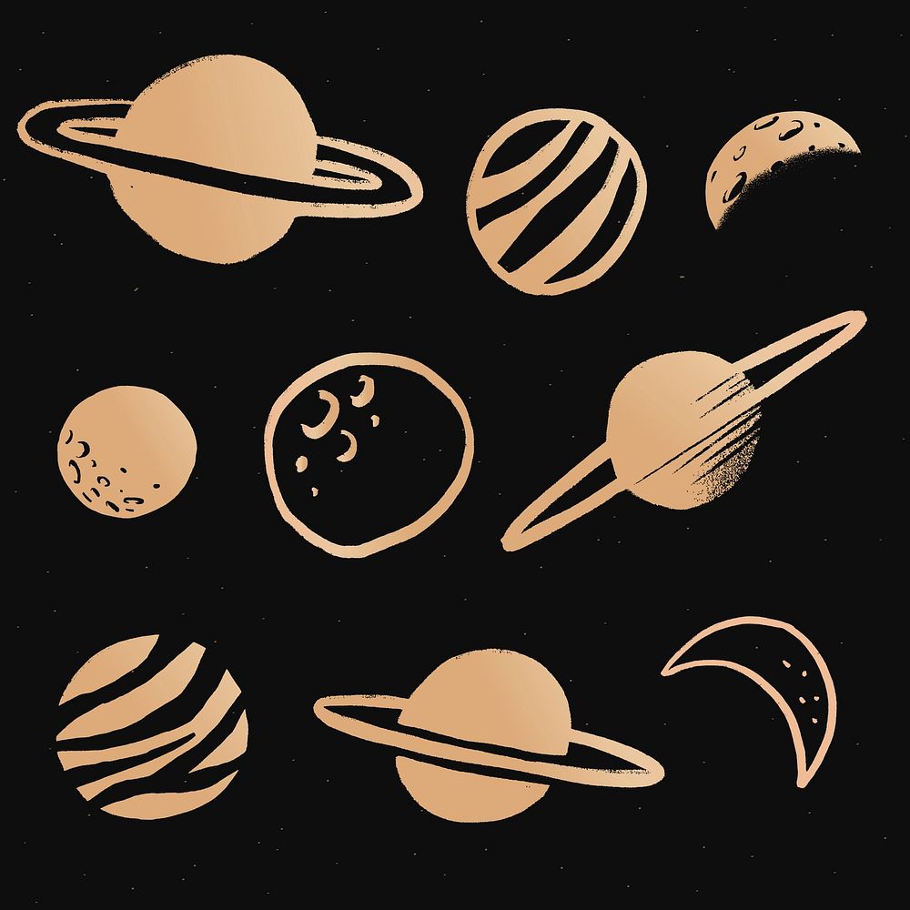 Cute solar system gold vector galaxy doodle illustration sticker