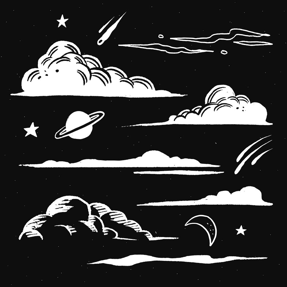 Puffy clouds white vector galaxy doodle illustration sticker