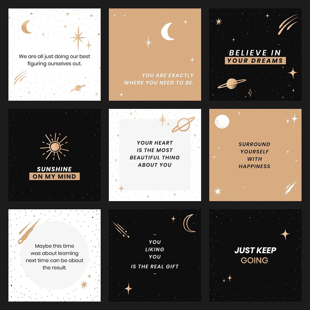 Editable inspirational quotes vector galaxy social template set
