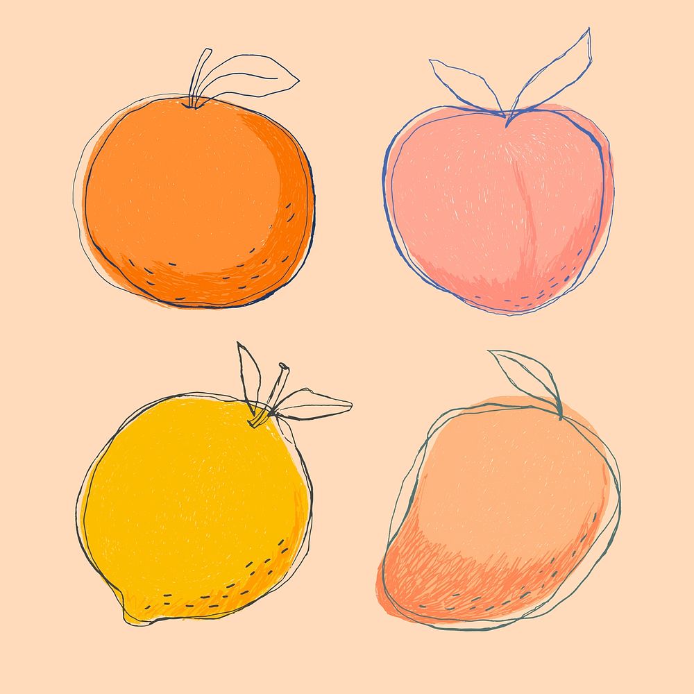 Cute doodle art fruit vector set