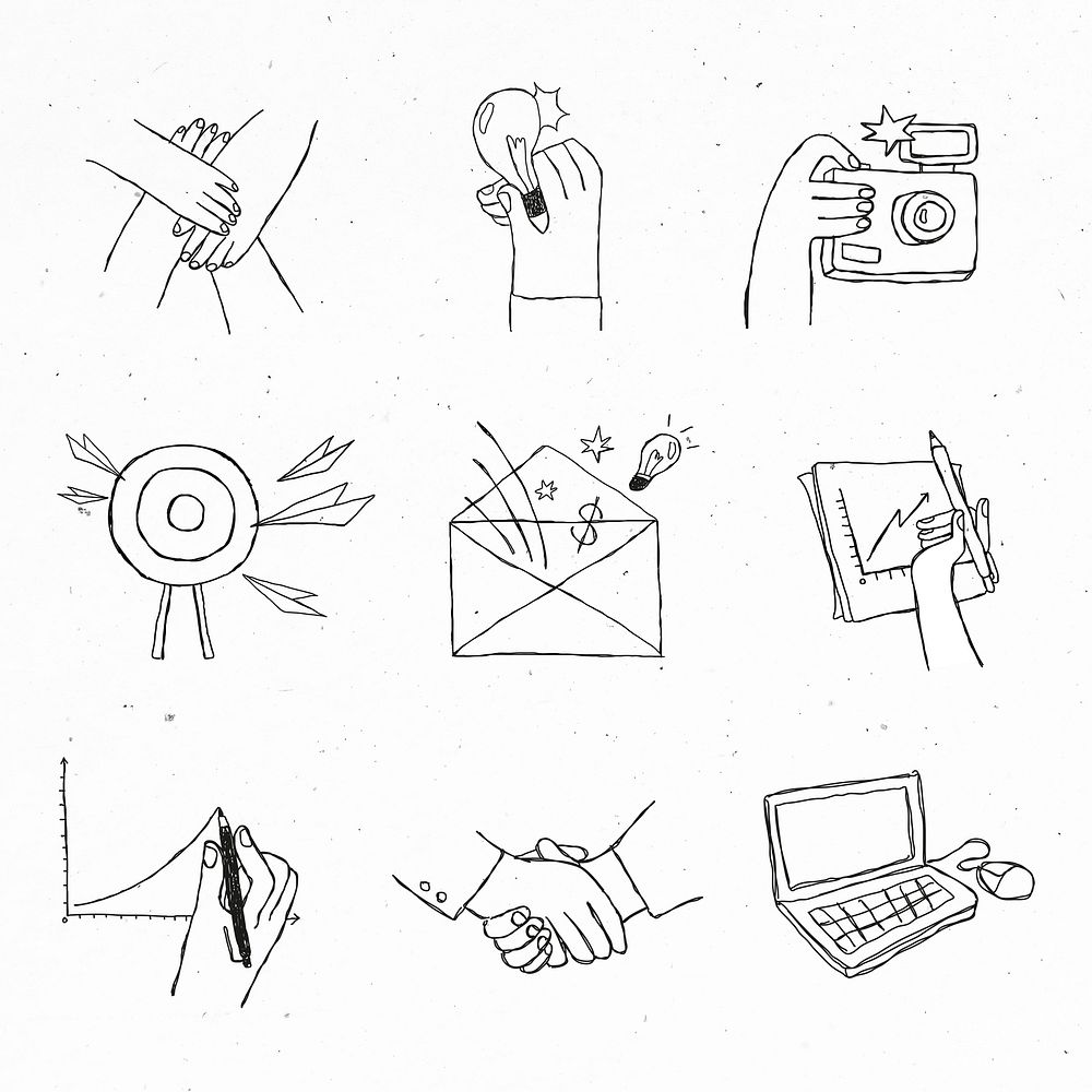 Black teamwork icons psd with doodle art design set