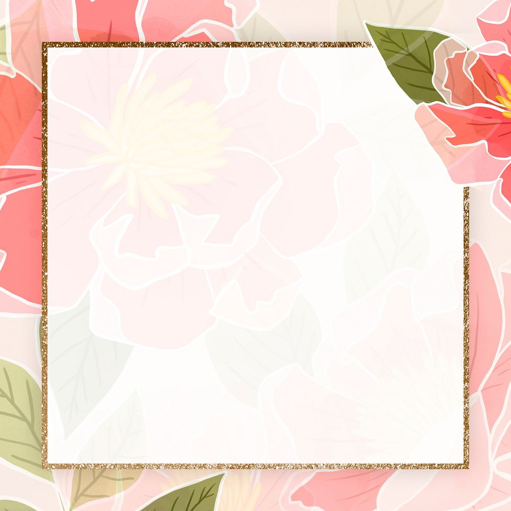 Hand drawn rose flower psd with gold frame