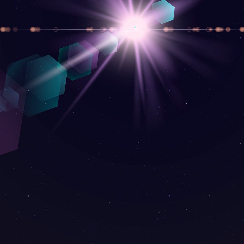 Purple lens flare psd with blue hexagon ghost effect on dark background