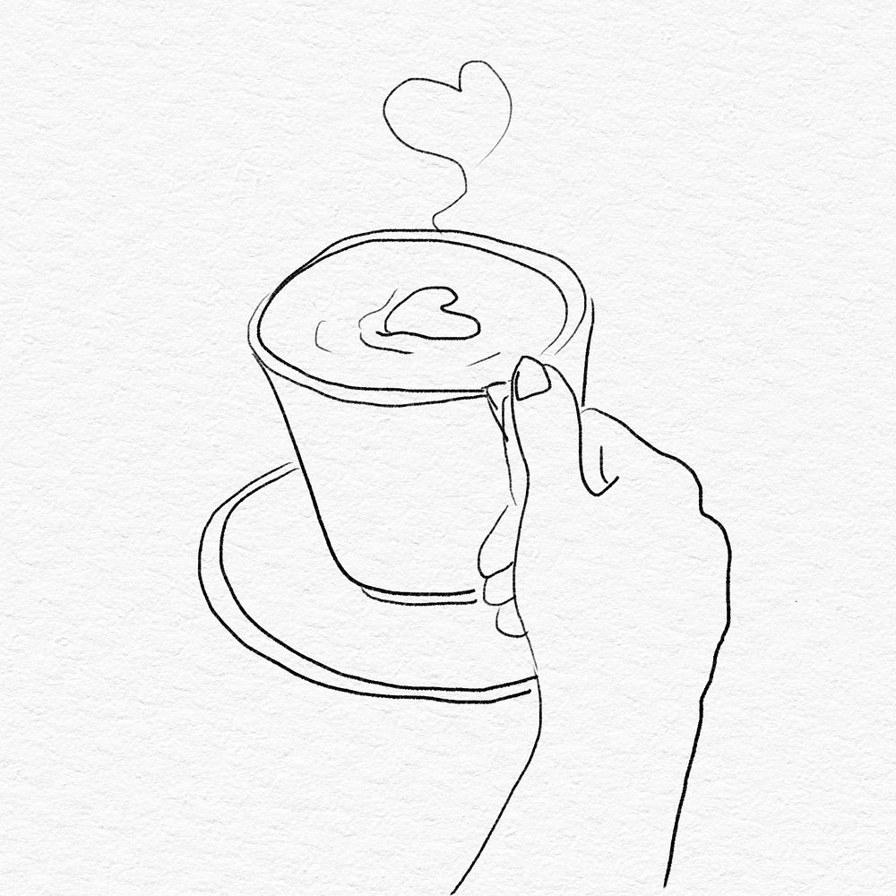 Cute latte art coffee psd aesthetic grayscale sketch
