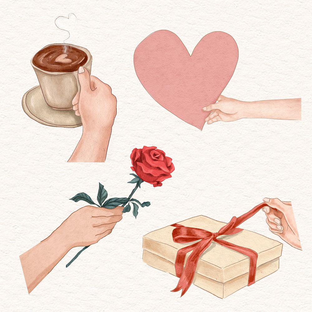 Cute Valentine&rsquo;s day design element psd hand drawn illustration set