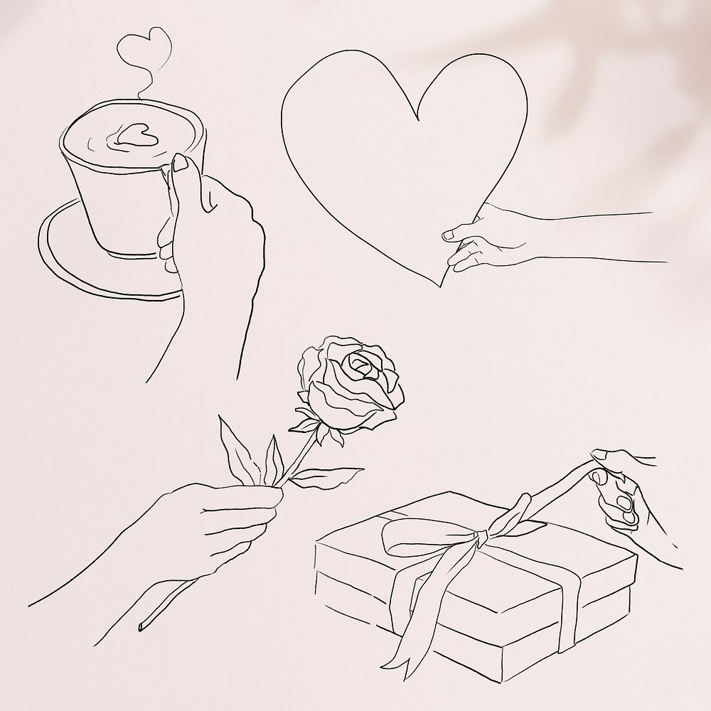 Cute Valentine&rsquo;s day design element psd black and white illustration set
