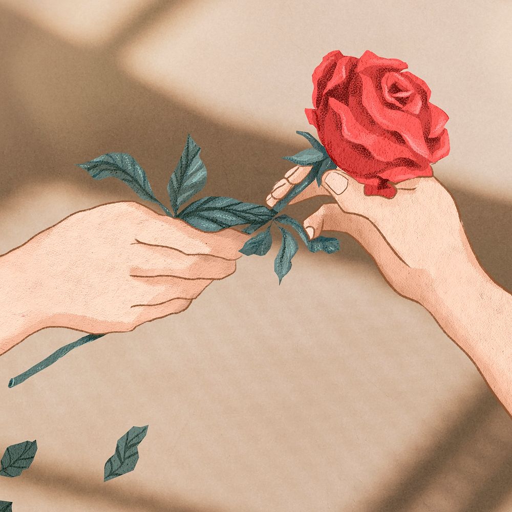 Valentine&rsquo;s couple exchanging rose psd hand drawn illustration