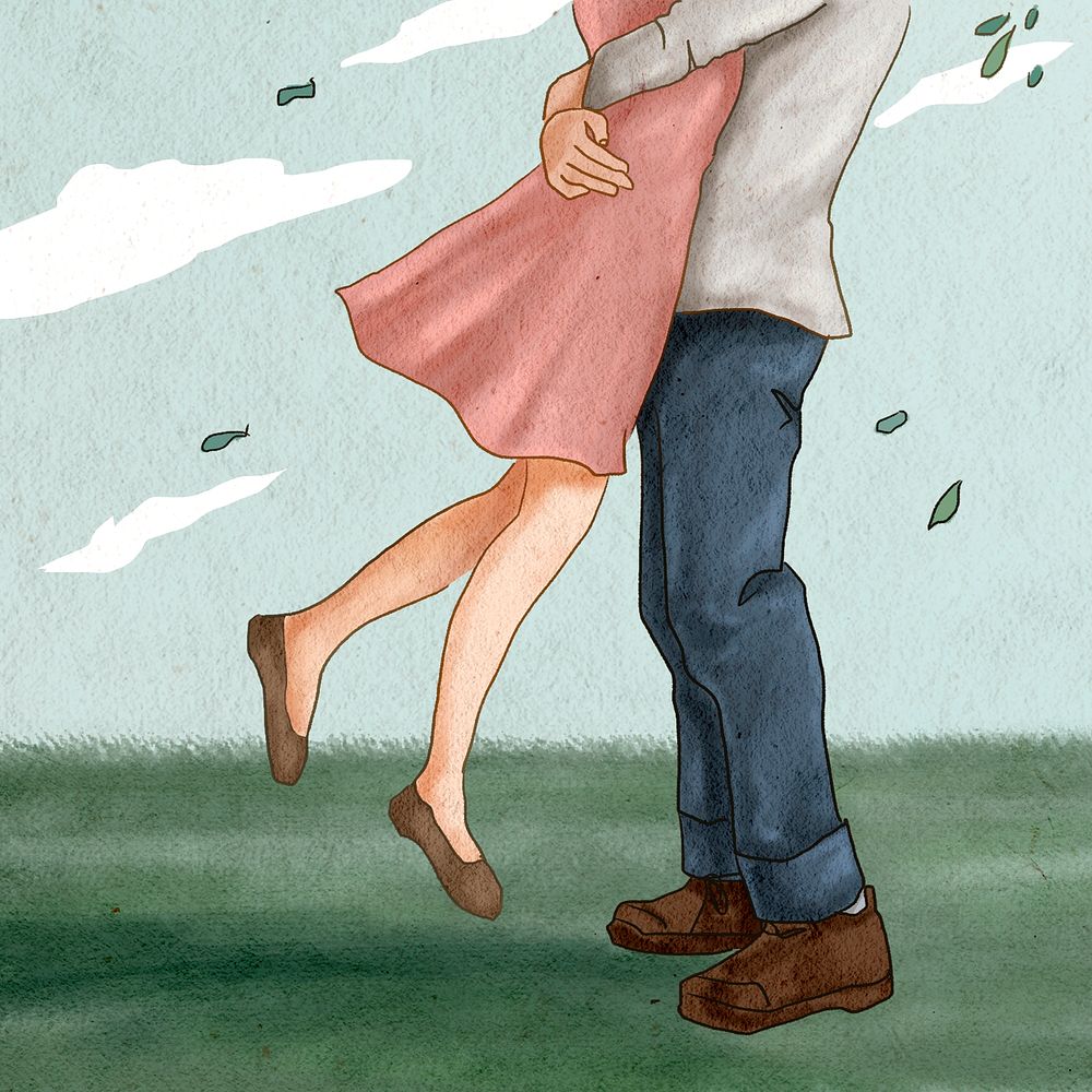 Couple jump hugging psd romantic Valentine&rsquo;s illustration