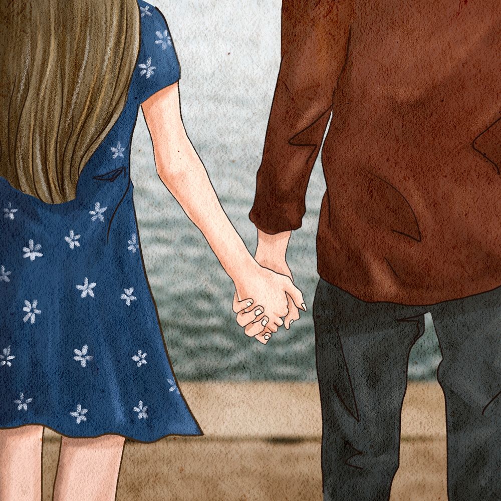 Couple holding hands psd romantic Valentine&rsquo;s illustration social media post