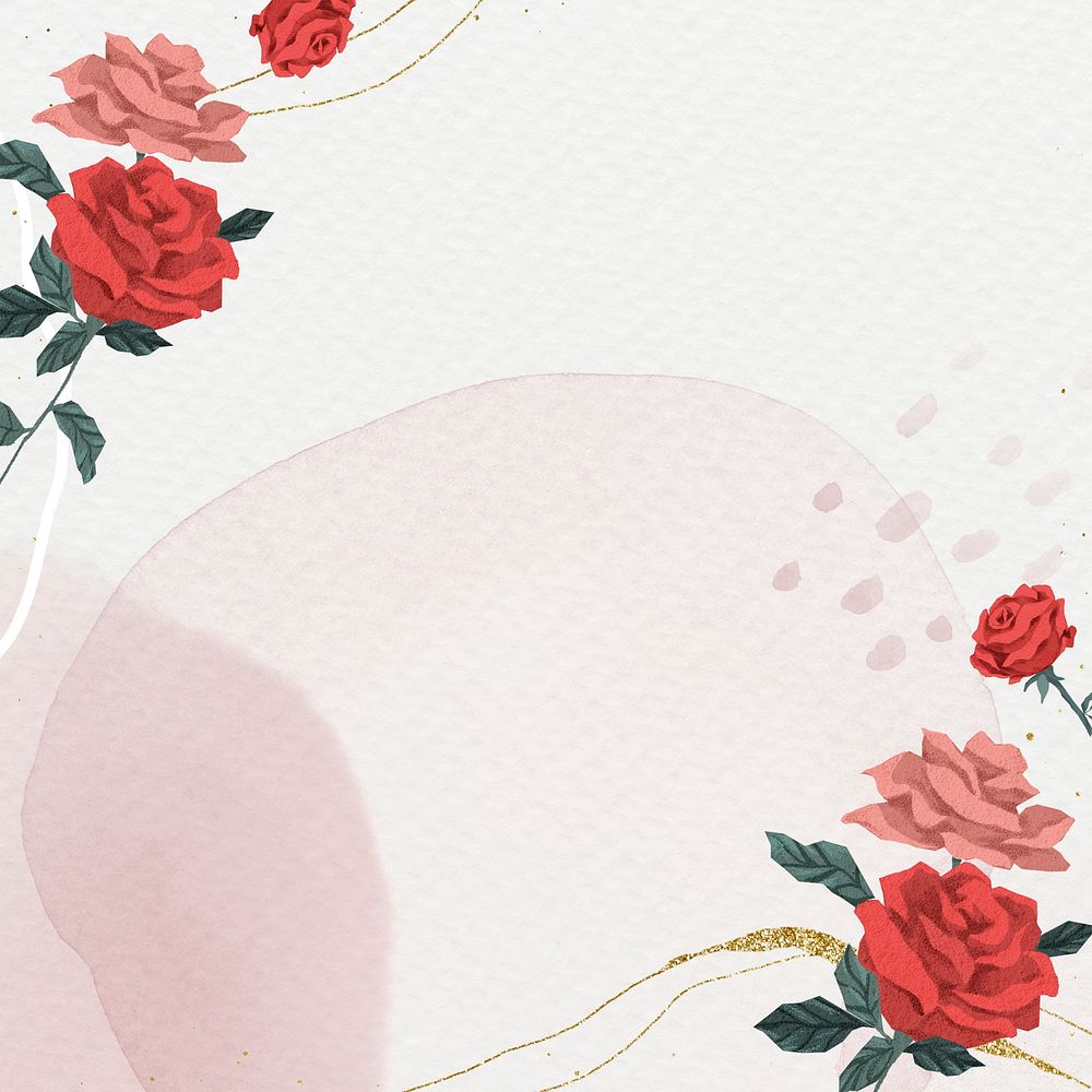 Romantic Valentine&rsquo;s roses with gold border psd watercolor background