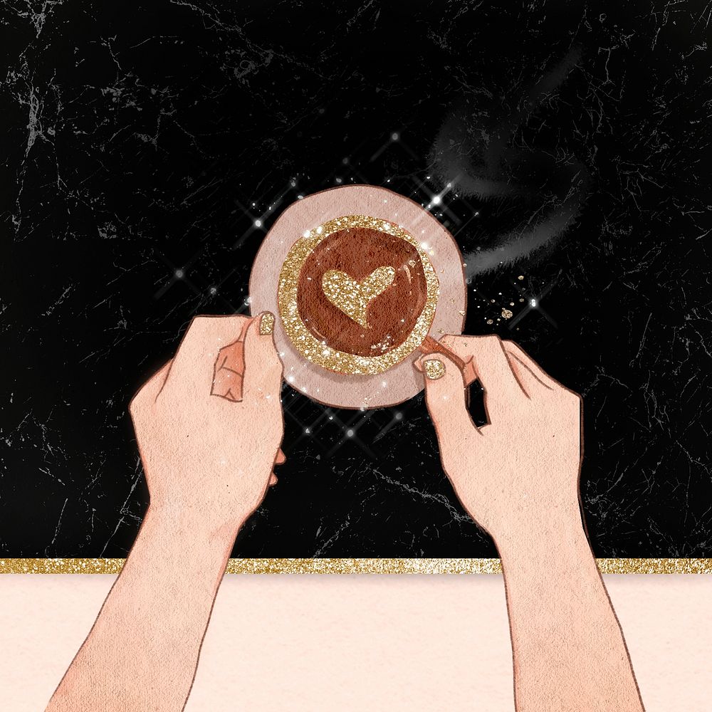 Cute coffee date Valentine&rsquo;s psd black glittery marble texture social media post