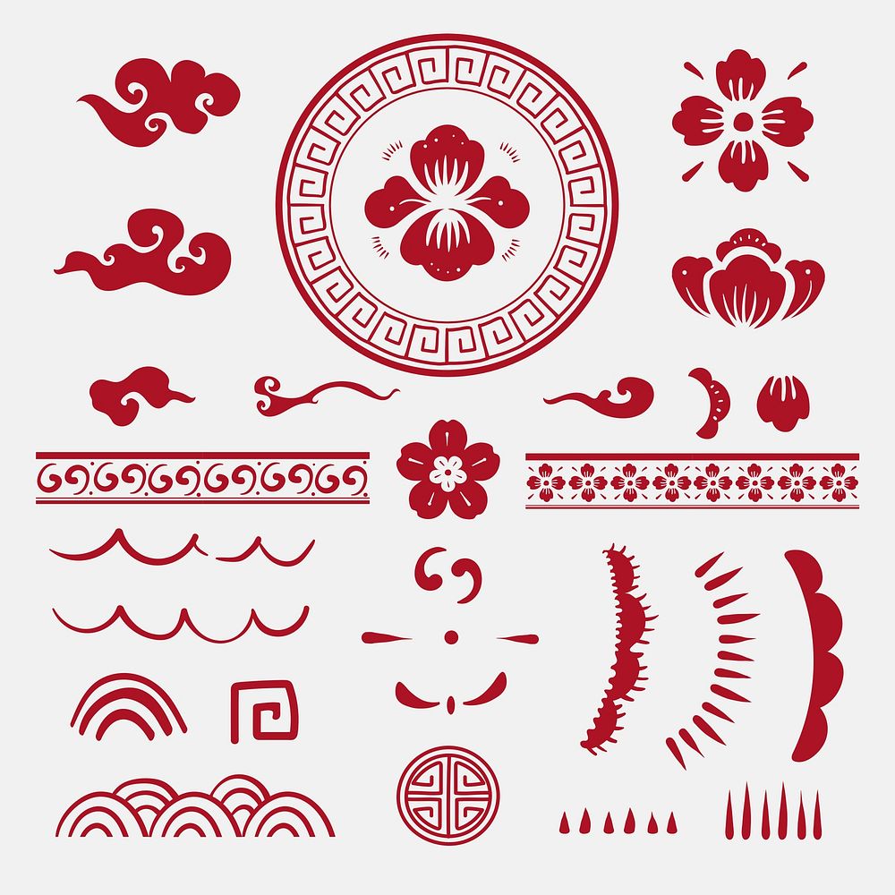 Chinese flowers red psd stickers collection