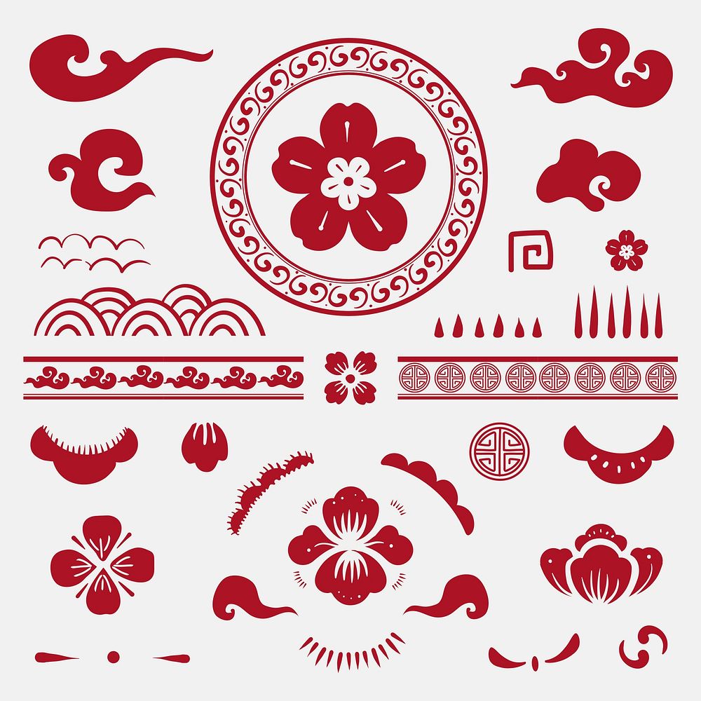 Chinese flowers red psd stickers collection
