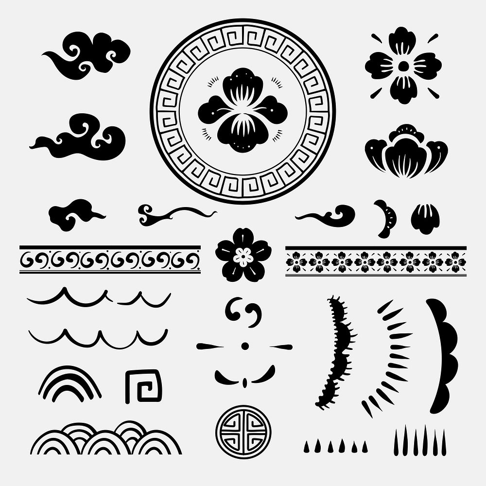 Black Chinese traditional flowers vector temporary tattoos set