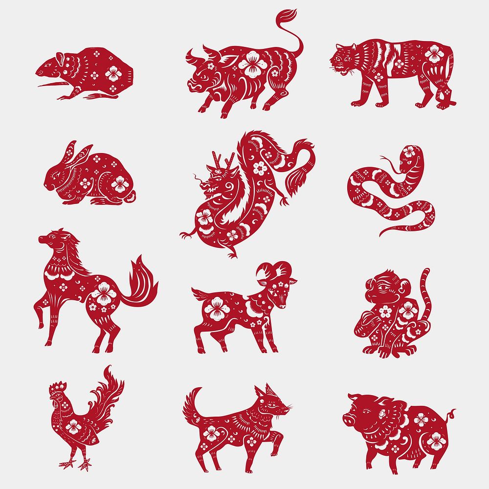 Chinese horoscope animals vector red new year stickers set