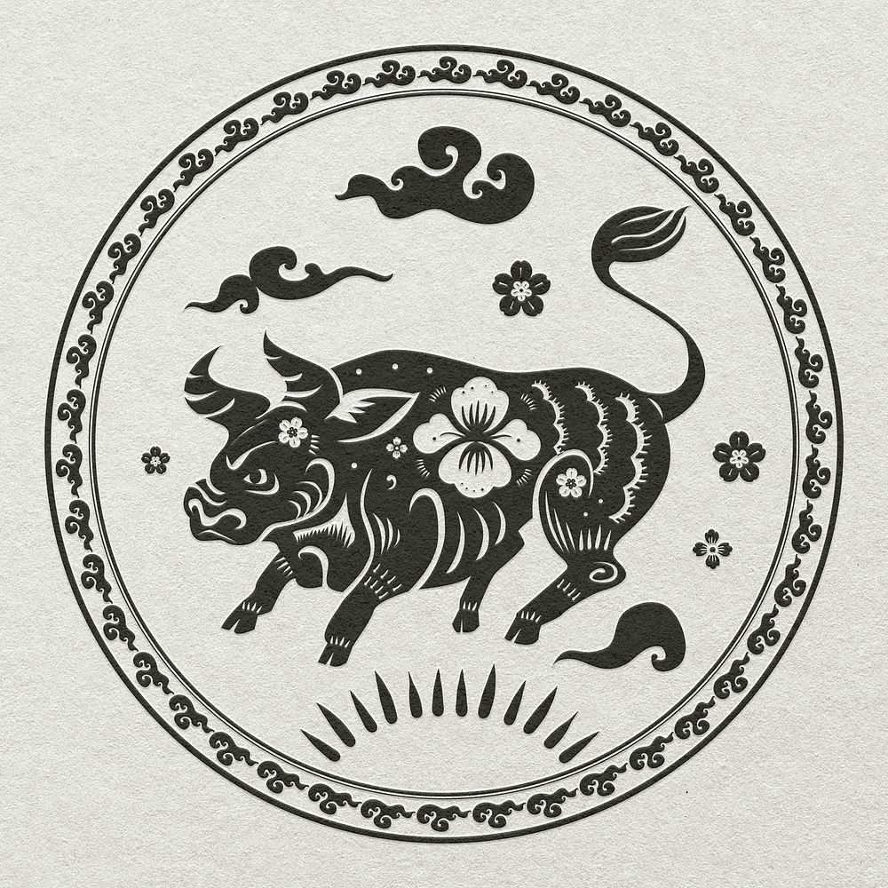 Chinese ox animal badge psd black new year design element
