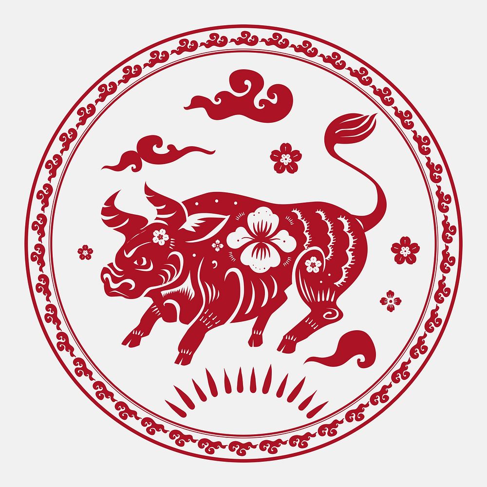 Ox year red badge psd traditional Chinese zodiac sign