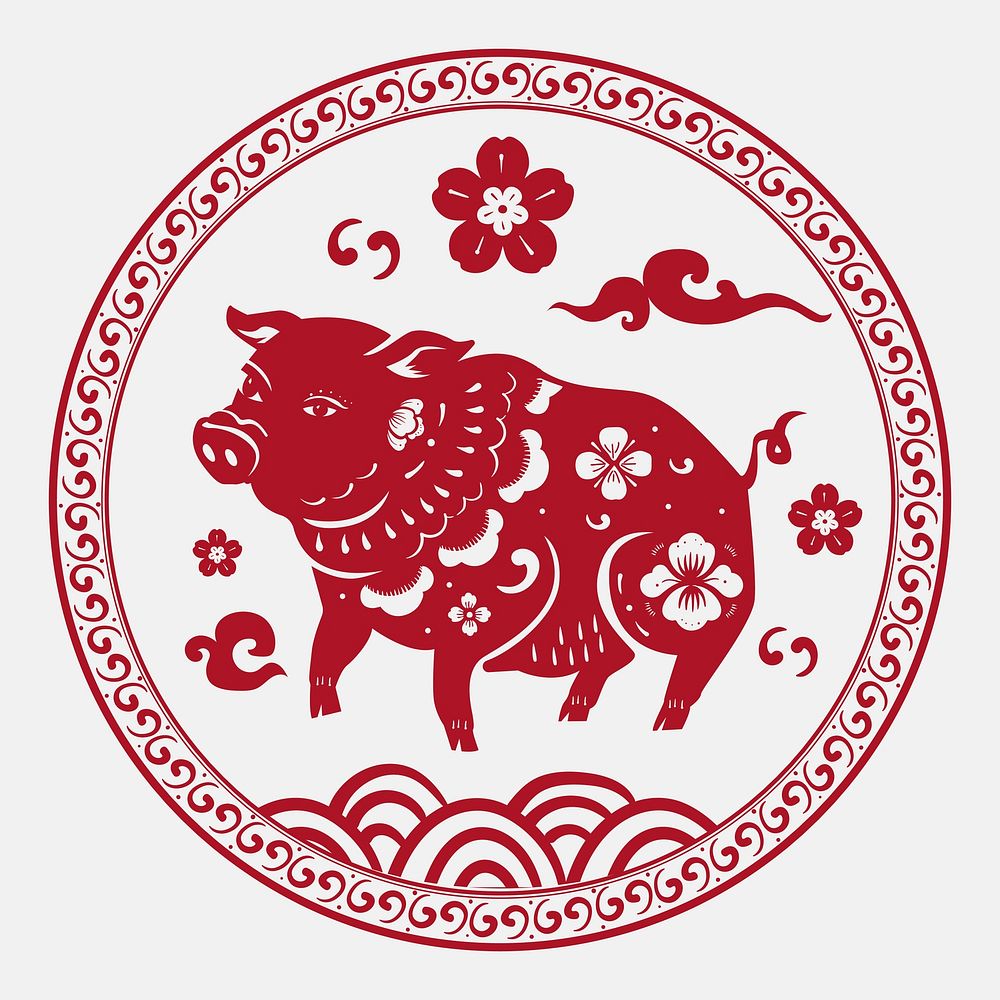 Chinese pig animal badge red new year design element