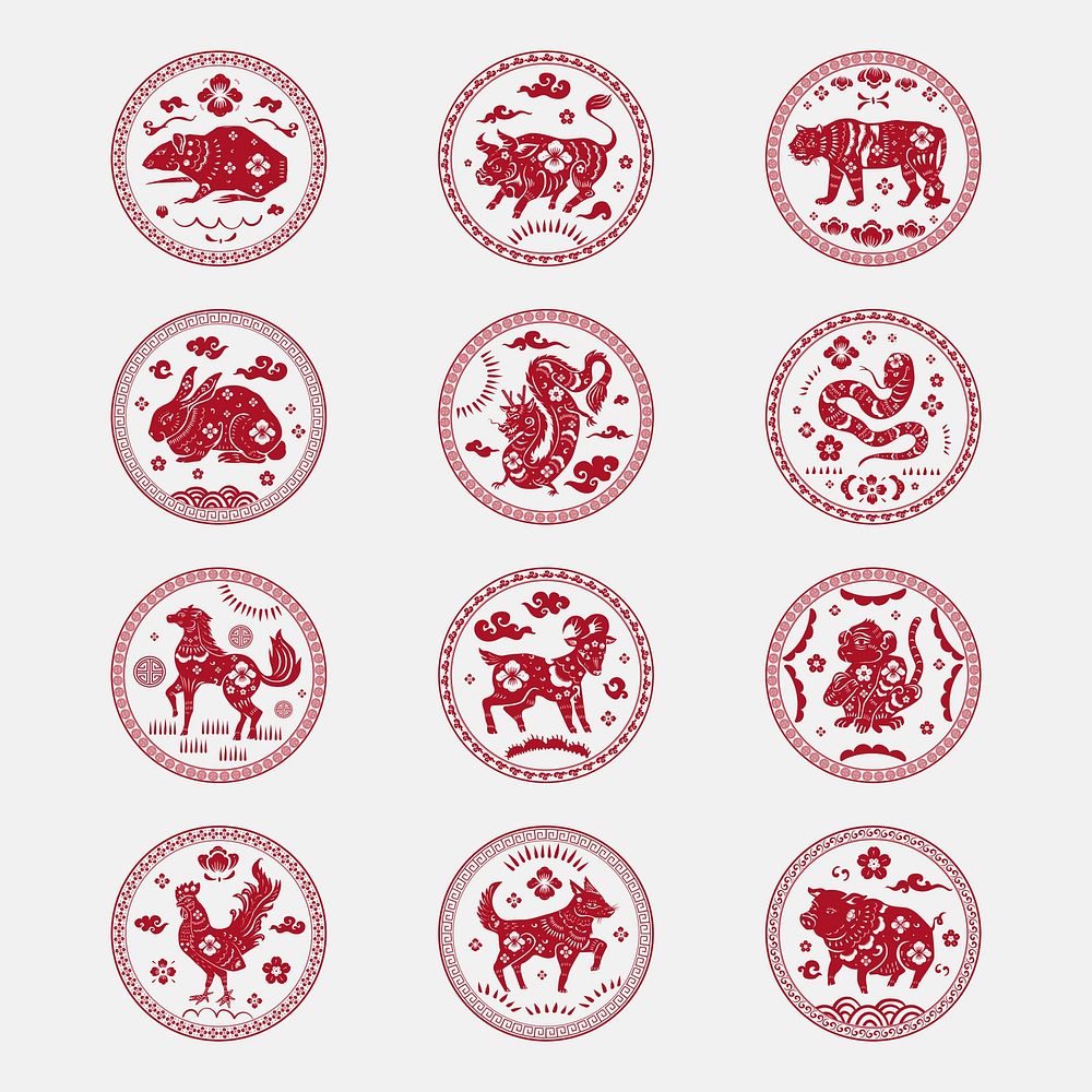 Chinese horoscope animals badges psd red new year design elements set