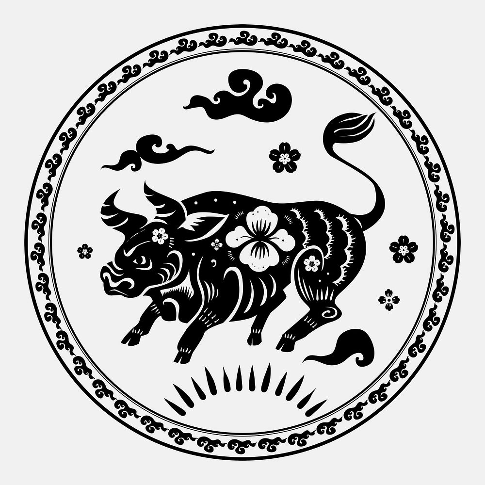 Chinese ox animal badge psd black new year design element