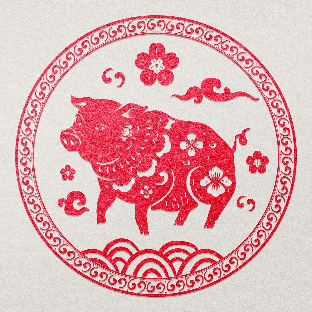 Chinese pig animal badge red new year design element