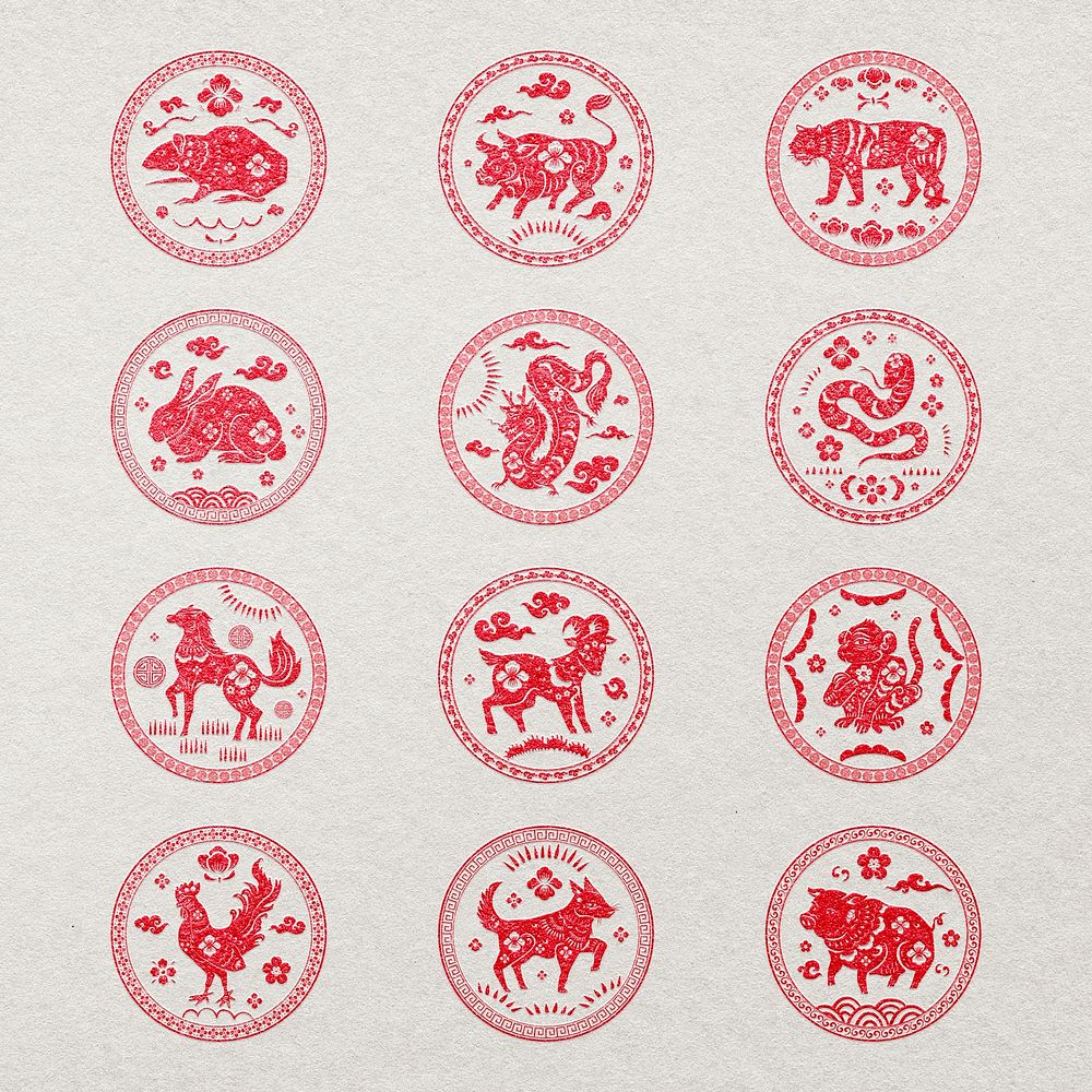 Chinese animal zodiac badges psd red new year stickers collection