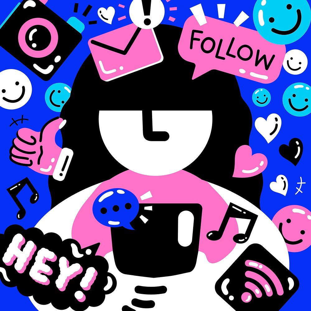 Social media addiction psd graphic in pink and blue funky style
