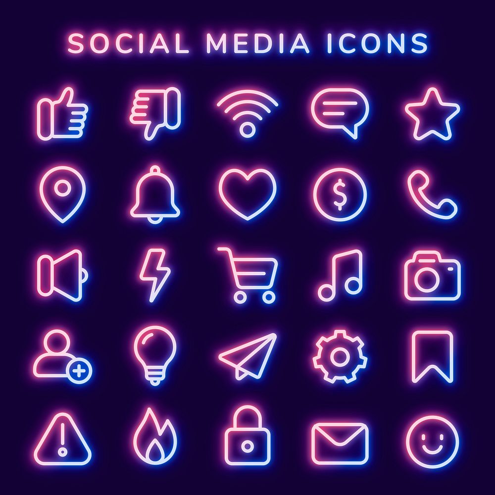 Social media icon vector set in neon pink with little glow