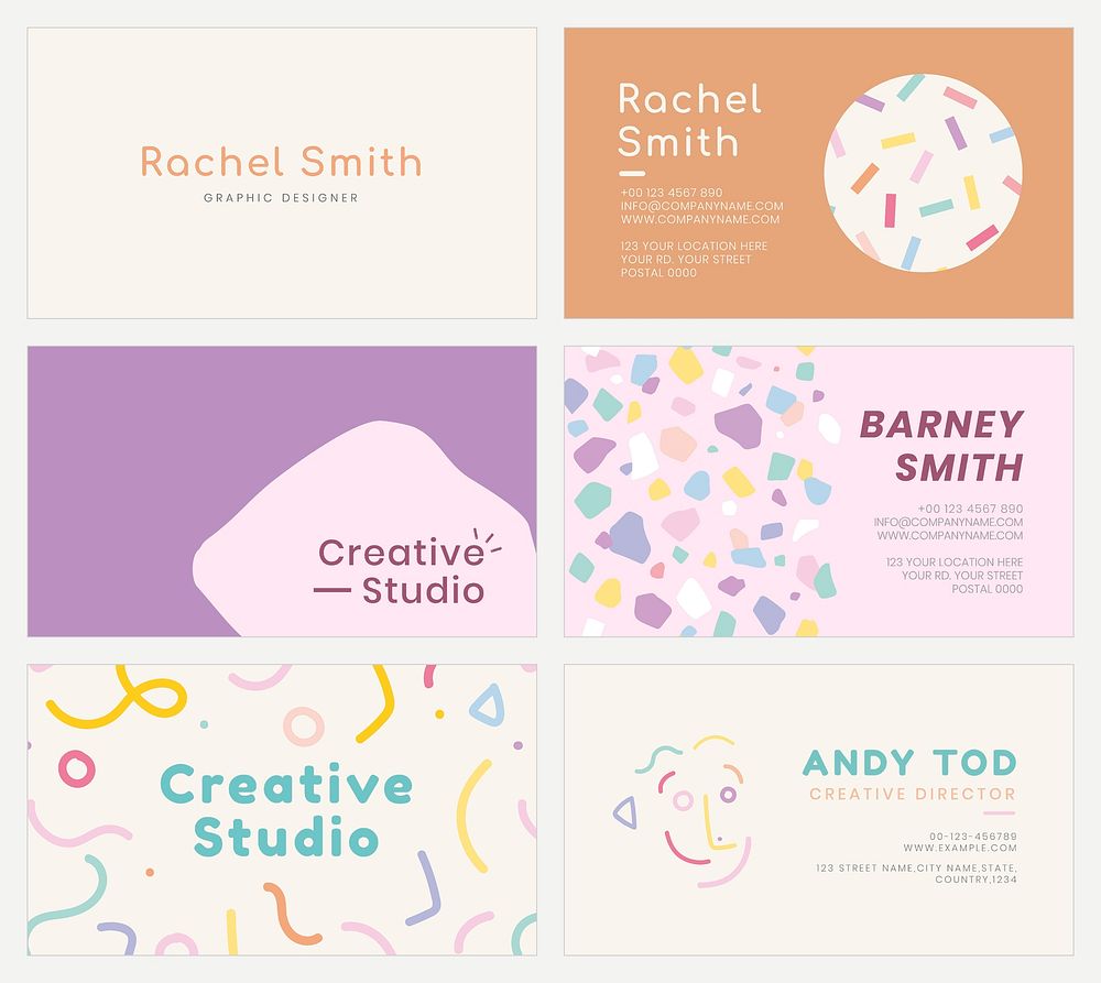 Editable name card template vector set in soft pastel color patterns