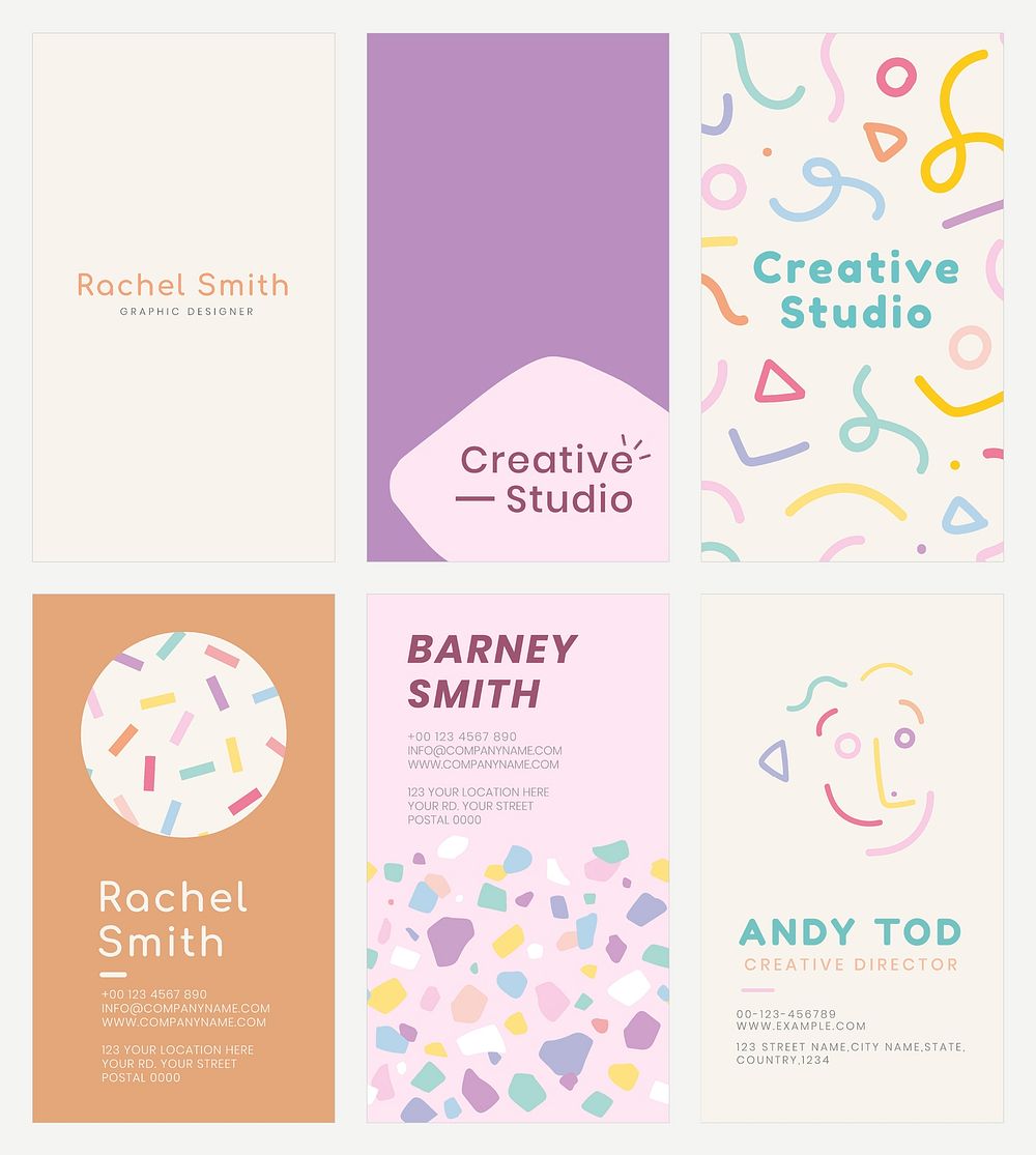 Editable name card template vector set in various soft pastel patterns