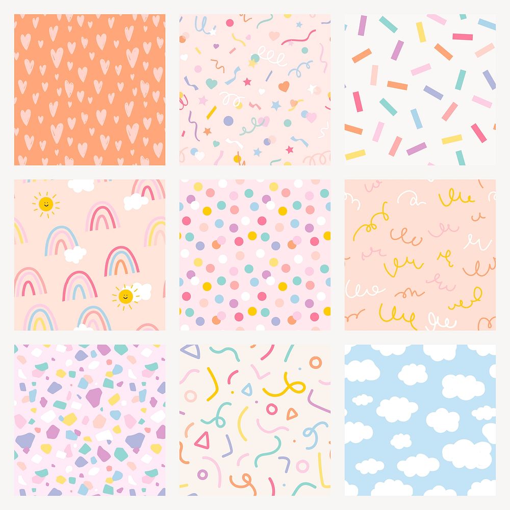 Background seamless pattern psd with cute pastel doodle set