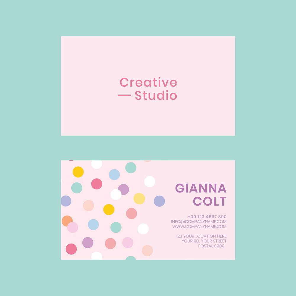 Editable business card template psd in cute pastel polka dots pattern