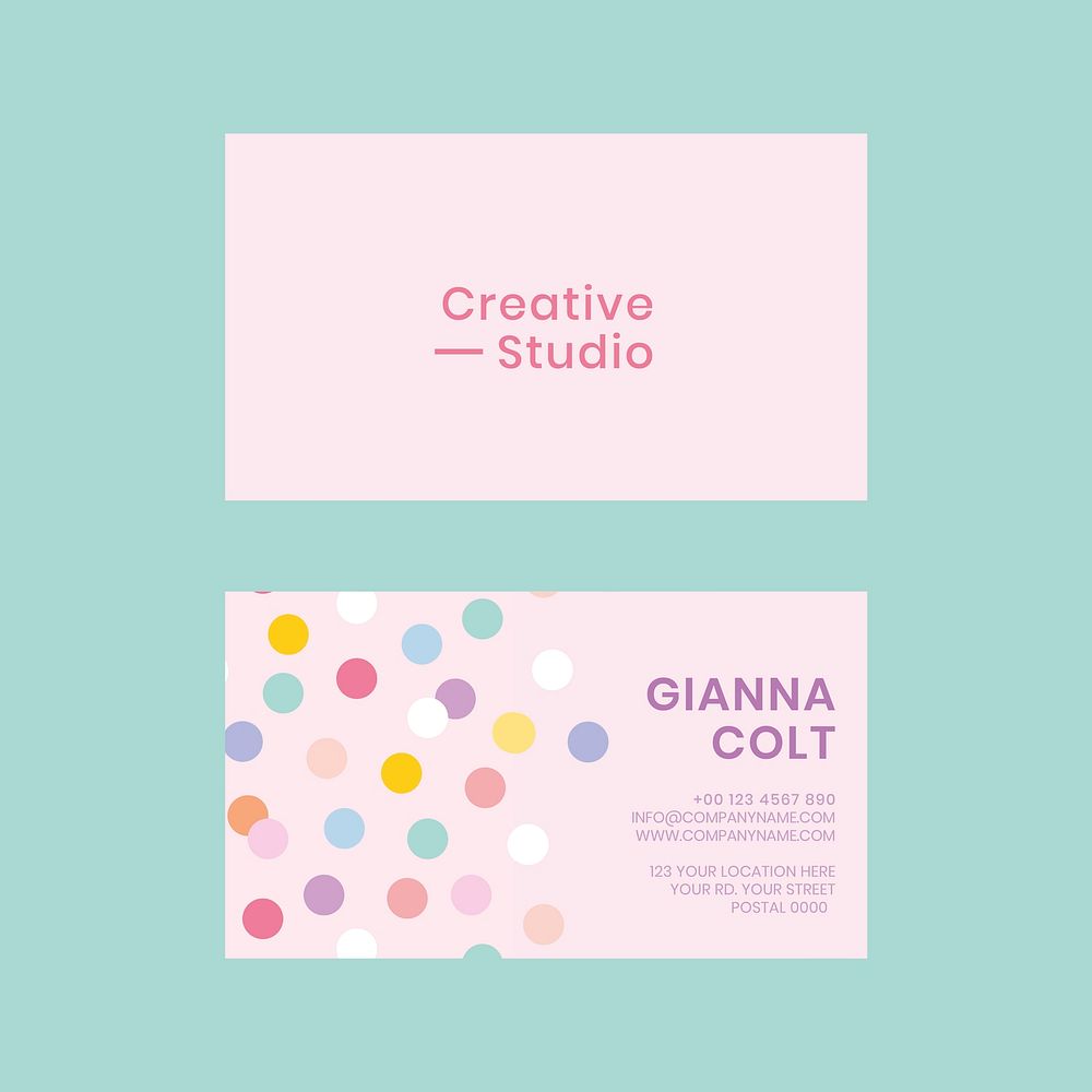 Editable business card template vector in cute pastel polka dot pattern