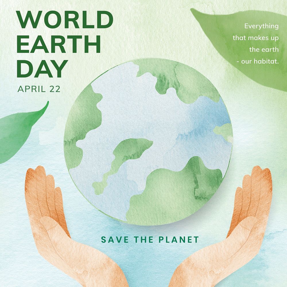 Editable environment template vector for social media post with world earth day text in watercolor