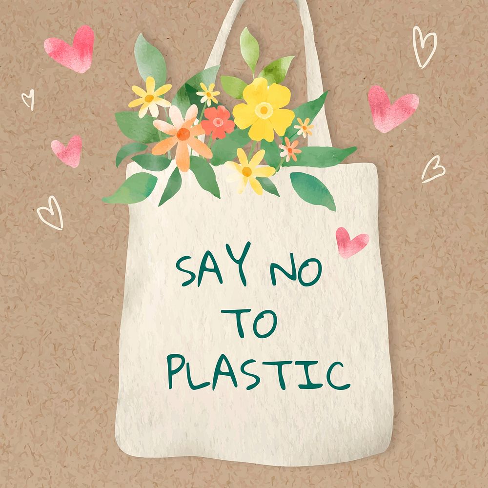 Editable environment template vector for social media post with say no to plastic text in watercolor