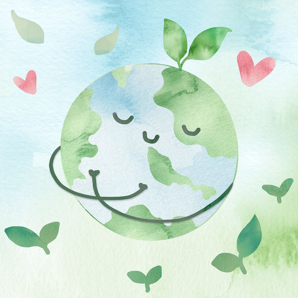 Love earth watercolor background psd with cute globe illustration