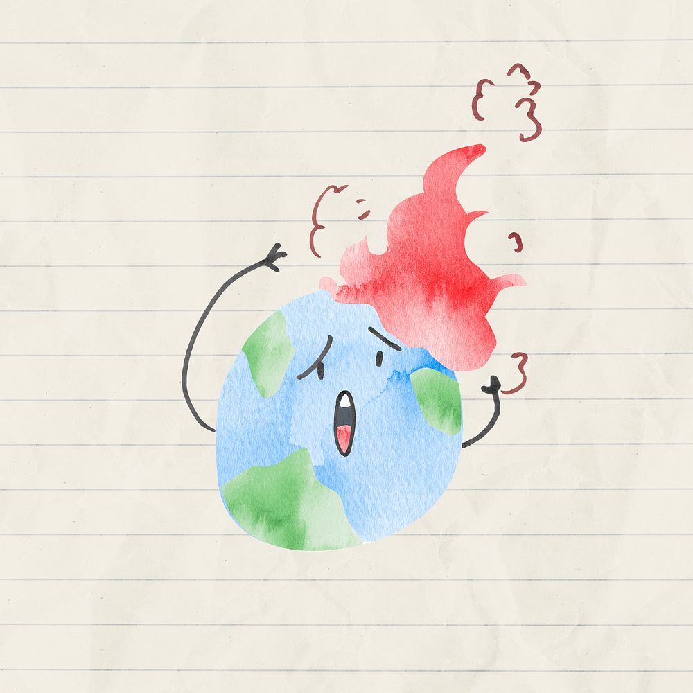 Global warming background with earth on fire in watercolor illustration                                        