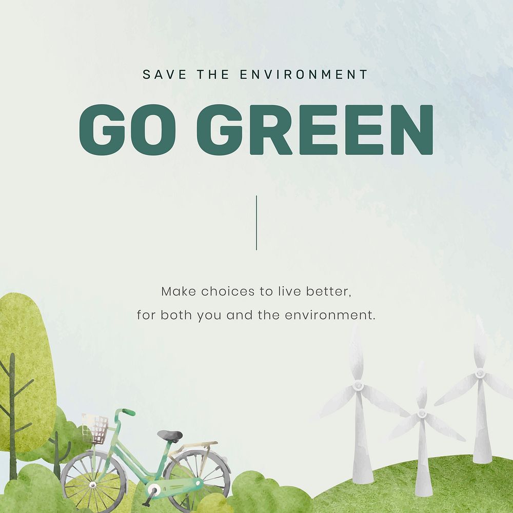 Editable environment template vector for social media post with go green text in watercolor