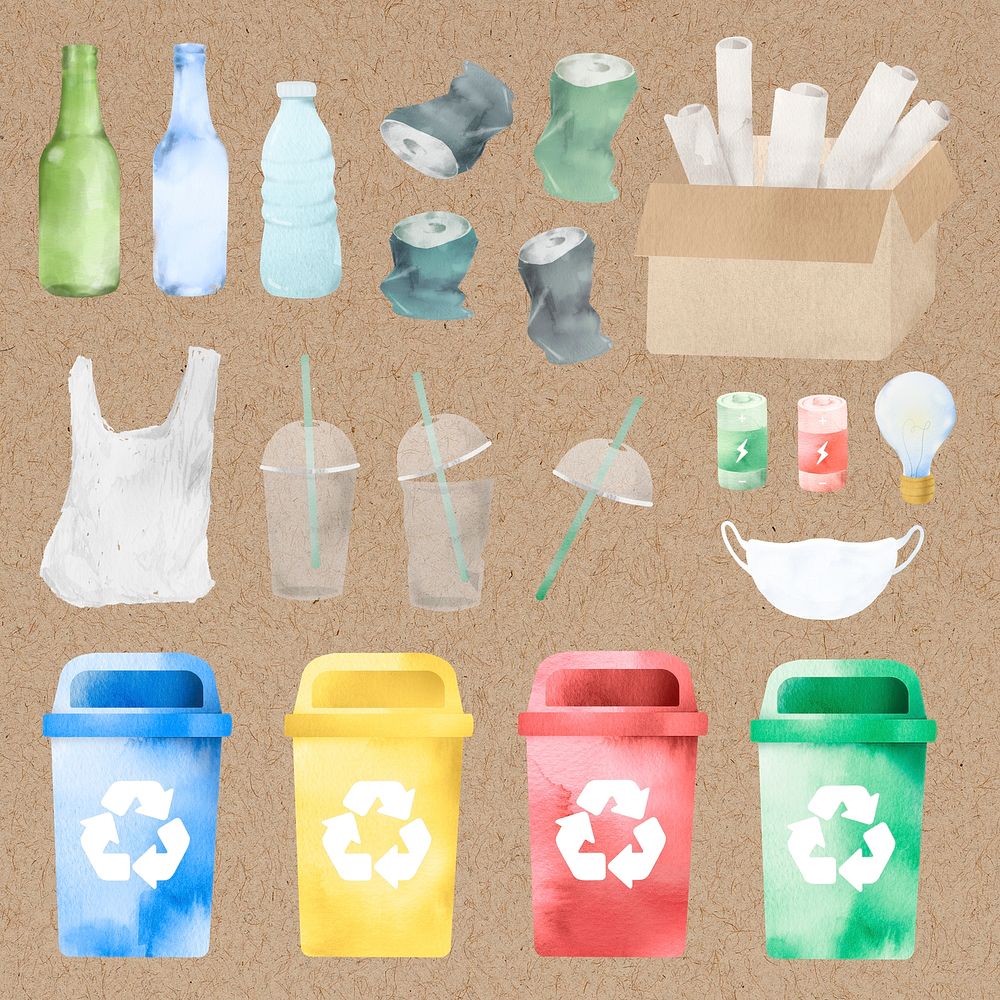 Recyclable trash psd in watercolor design element set