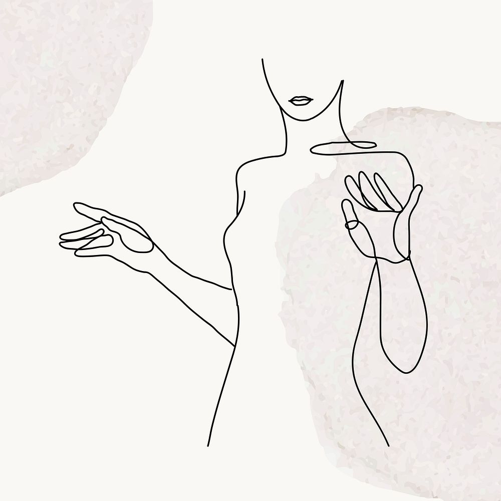 Woman&rsquo;s upper body vector line art illustration on gray pastel watercolor background