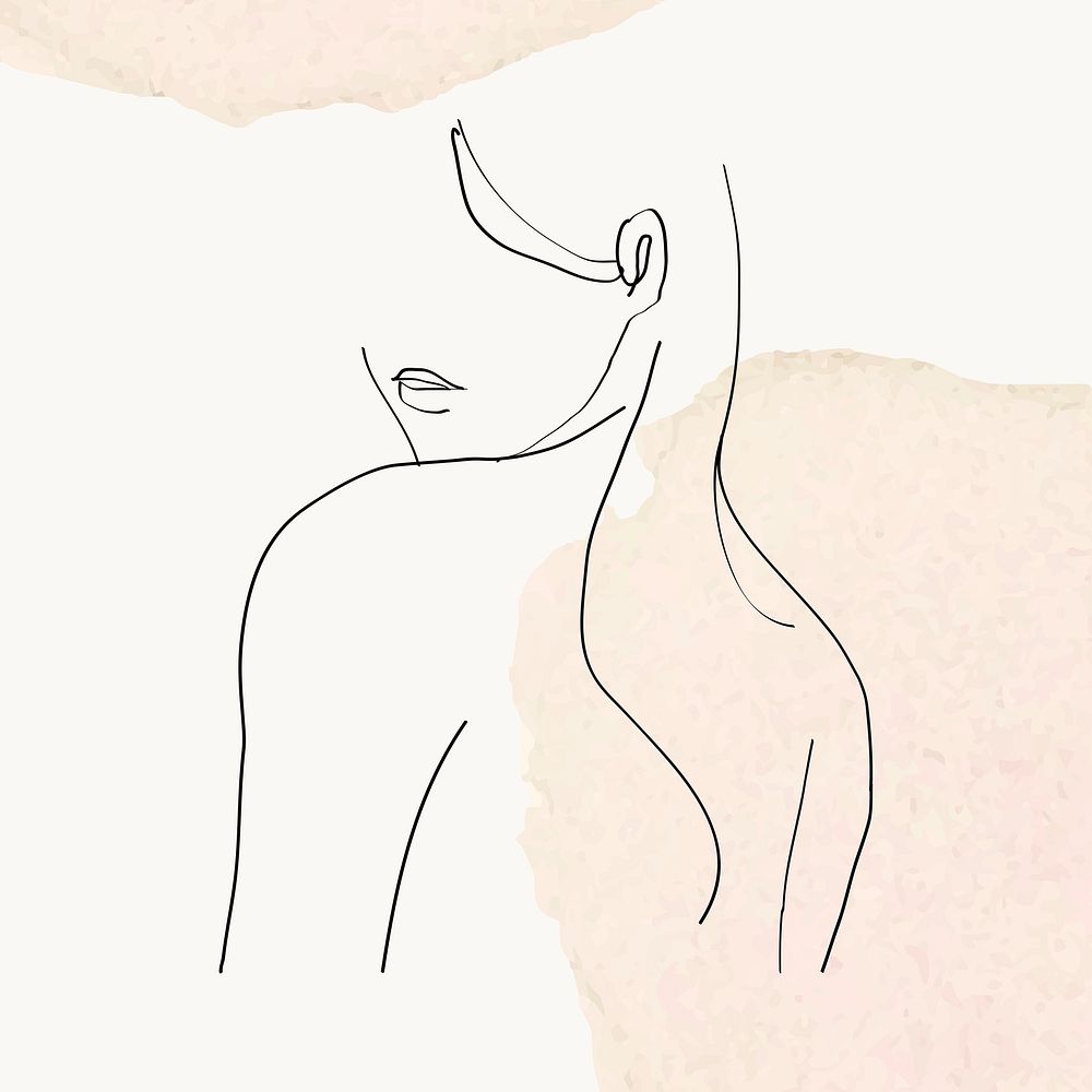Woman&rsquo;s upper body psd line art illustration on beige pastel watercolor background
