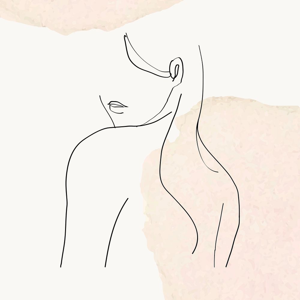 Woman&rsquo;s upper body vector line art illustration on beige pastel watercolor background