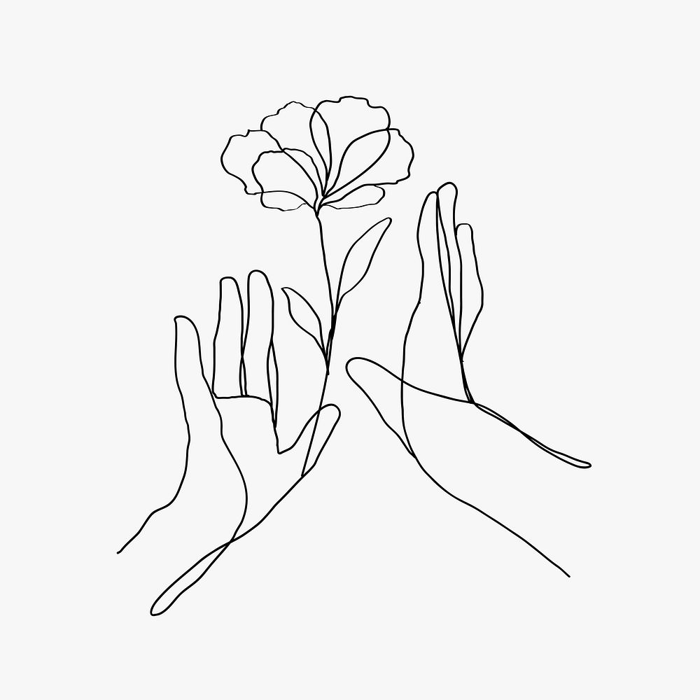 Minimal line art hands vector floral black aesthetic illustration