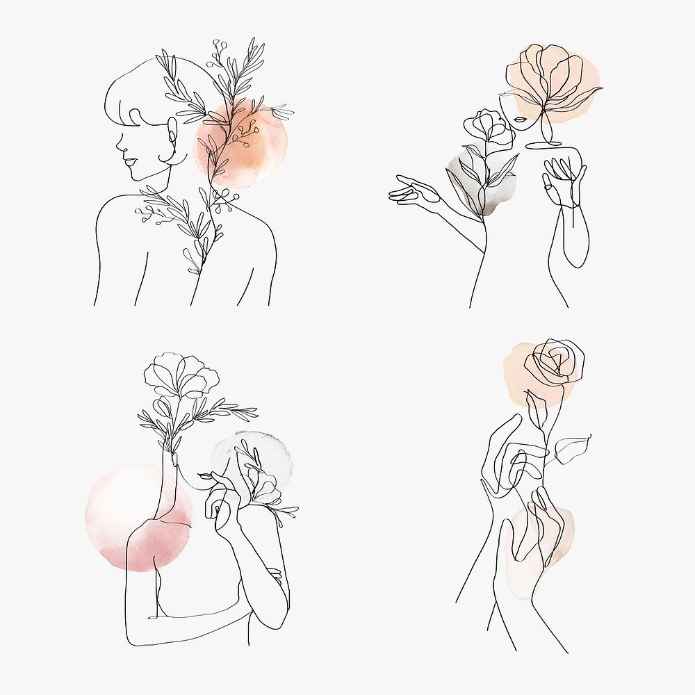 Woman&rsquo;s gesture line art vector feminine pastel illustration collection