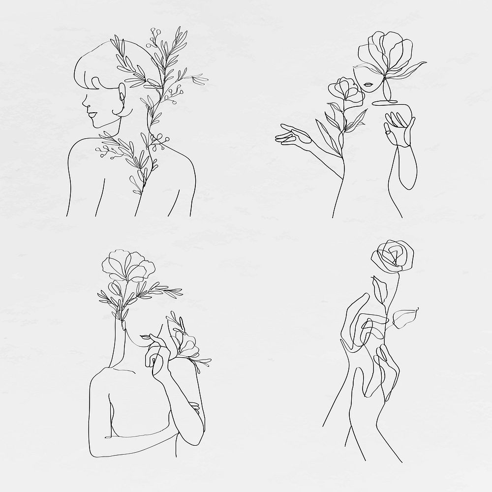 Minimal woman&rsquo;s body vector line art grayscale drawings set