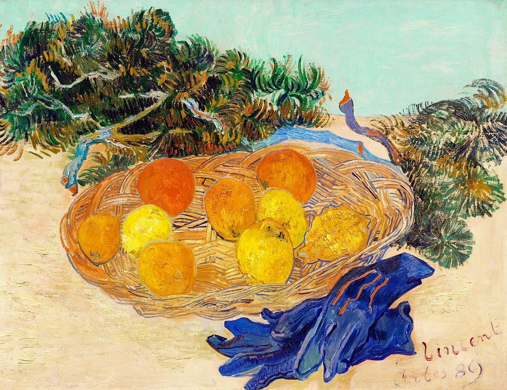 Still Life of Oranges and Lemons with Blue Gloves (1889) by Vincent Van Gogh. Original from The National Gallery of Art.…