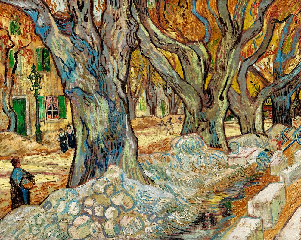 The Large Plane Trees (Road Menders at Saint-R&eacute;my) (1889) by Vincent Van Gogh. Original from The Cleveland Museum of…